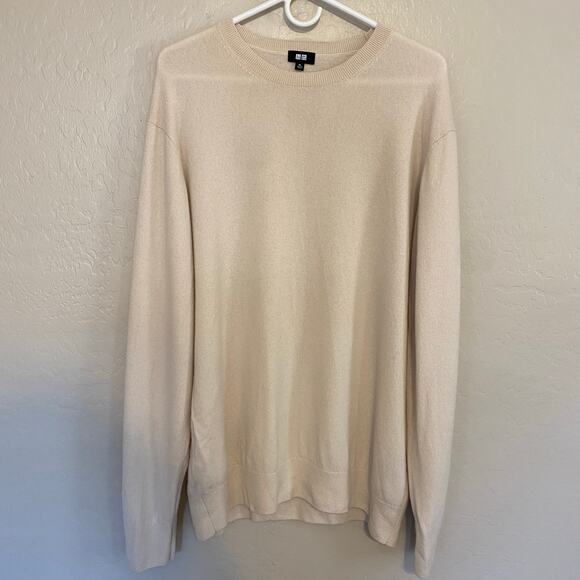 Uniqlo 100% Cashmere Sweater Mens Size XL Cream Quiet Luxury Closet Staple Fall - Picture 1 of 4